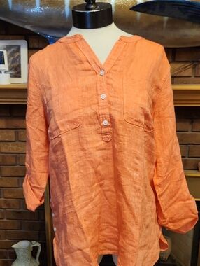 Talbots Orange Linen Button-Front Tunic Top Lagenlook Utility Summer Beach NWT